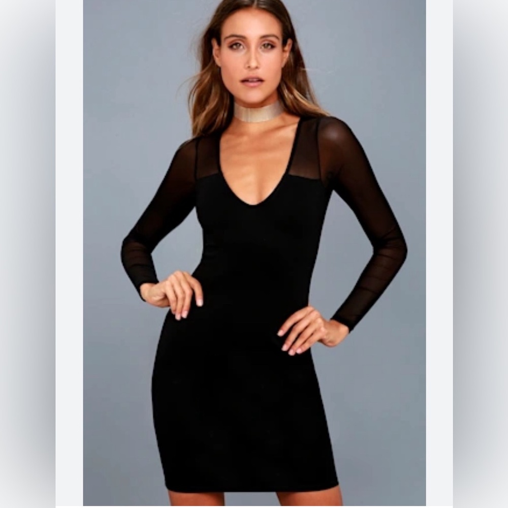 Lulus Black Bodycon Mini Dress Mesh Long Sleeve V Neck NWT Medium Chic